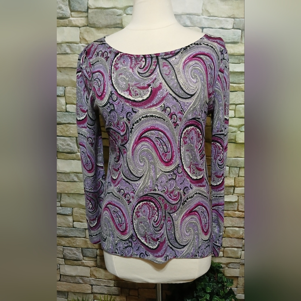 Talbots Pure Merino Wool Knit Purple Paisley Sweater Top Colorful Chic